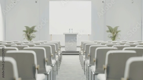 Fototapeta Neatly arranged rows of chairs facing a podium and banner on a white background for a local seminar.