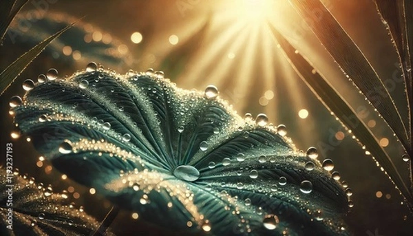 Fototapeta A macro shot of dewdrops on a green leaf in natural morning light.