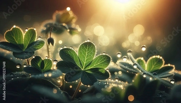 Fototapeta A macro shot of dewdrops on a green leaf in natural morning light.