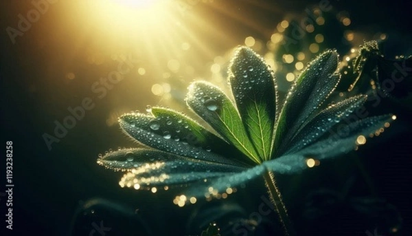 Fototapeta A macro shot of dewdrops on a green leaf in natural morning light.
