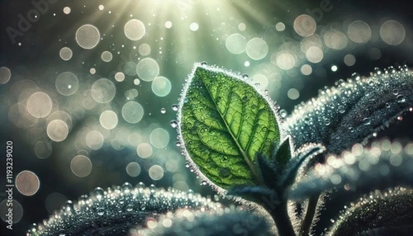 Fototapeta A macro shot of dewdrops on a green leaf in natural morning light.