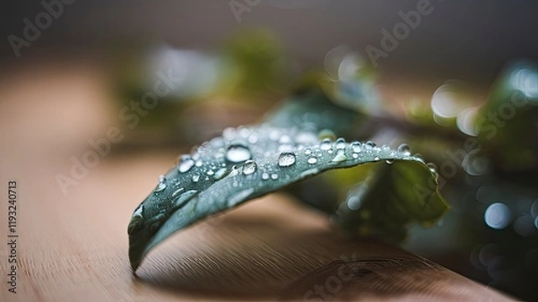 Fototapeta A macro shot of dewdrops on a green leaf in natural morning light.