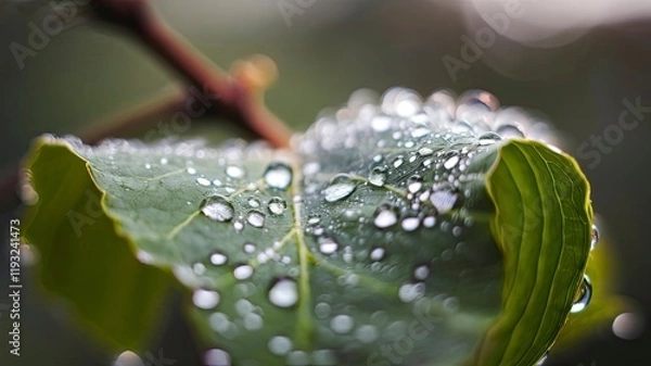 Fototapeta A macro shot of dewdrops on a green leaf in natural morning light.