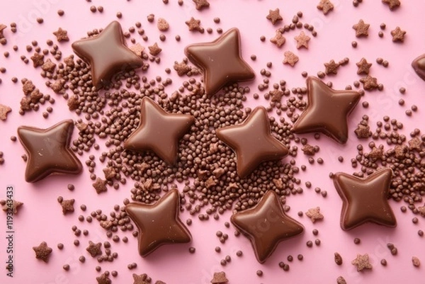 Fototapeta Chocolate star shaped candies lying on a pink background covered with sprinkles, creating a sweet and festive atmosphere