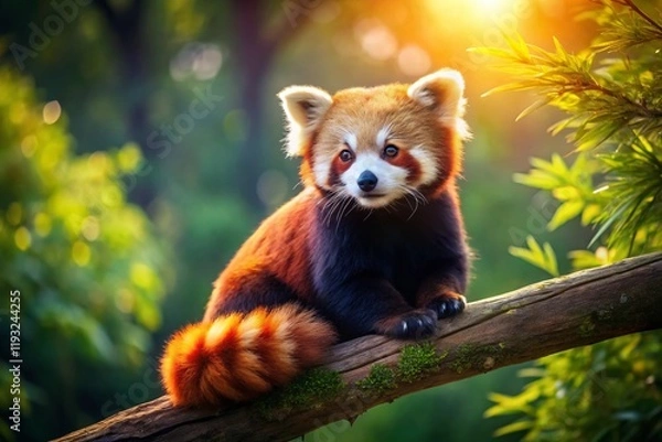 Fototapeta Adorable Red Panda Perched on a Branch, Copy Space Left - Wildlife Stock Photo