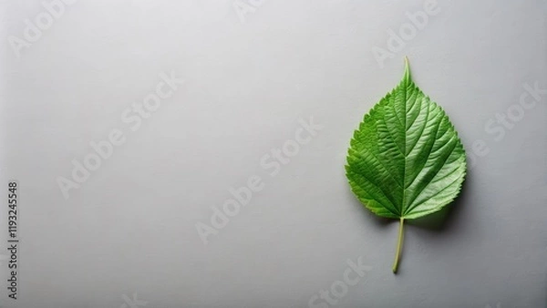 Fototapeta Single Vibrant Green Leaf on a Neutral Gray Background, Perfect for Minimalist Designs and Nature-Inspired Projects
