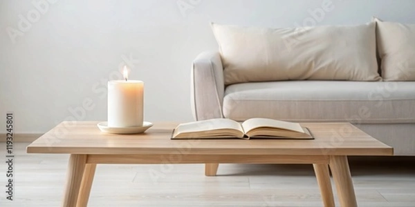 Obraz Serene living room setting with a lit candle and open book on a light wood coffee table