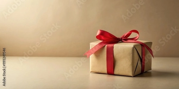 Fototapeta A single wrapped gift box with a red ribbon bow sits on a neutral surface