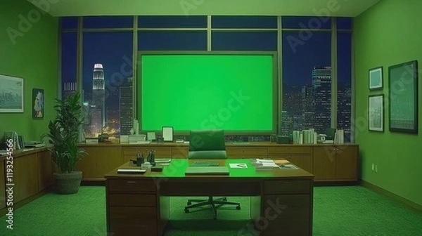 Fototapeta Modern office interior with green walls and large screen background