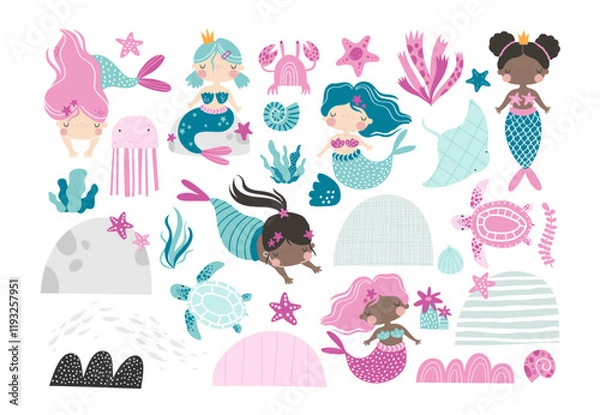 Fototapeta Vector set with cute mermaids. Children's illustration of girls princess mermaids. Sea. Ocean. Turtle, stingray, jellyfish, crab, shells, seaweed, coral. Underwater landscape, the bottom of the sea.
