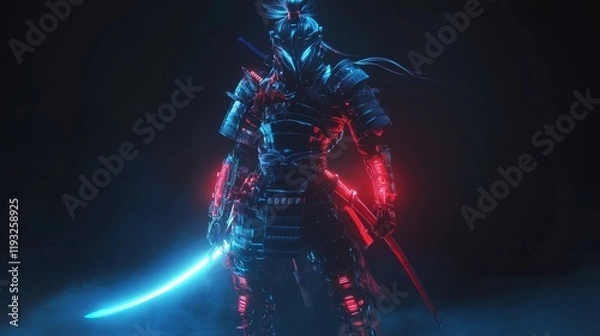 Fototapeta A futuristic samurai standing in a dynamic pose, holding a glowing katana. The armor is a blend of traditional samurai aesthetics and neon cyberpunk elements, with glowing blue and red accents.