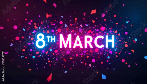 Obraz Colorful confetti and glowing 8th March text on dark background
