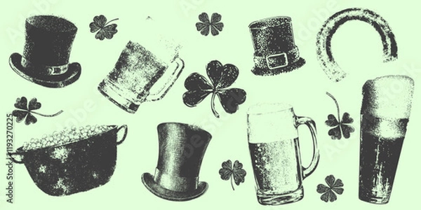 Fototapeta St. Patrick's Day themed illustrations with beer mugs, hats, clovers and horseshoe on light green background