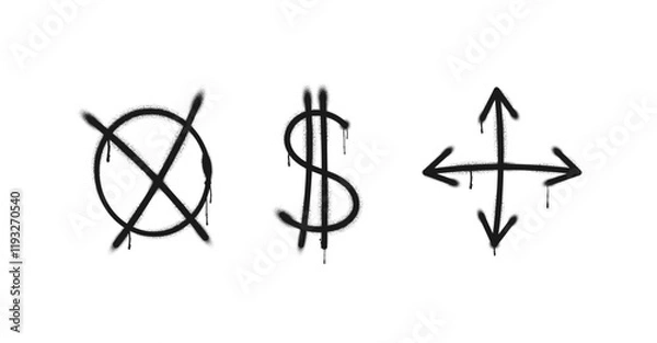 Fototapeta Graffiti drawing symbols set. Painted graffiti spray pattern of currency icon of dollar, arrows and cross in circle sign. Spray paint elements. Street art style illustration. Vector.