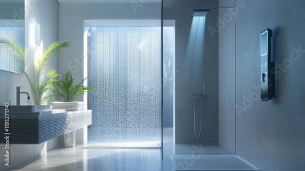 Fototapeta A contemporary smart shower with customizable settings and a sleek design in a modern bathroom, representing advancements in personal care and home comfort, Bathroom scene