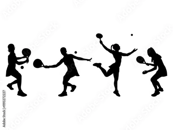 Fototapeta Set of Female Tennis padel Player Silhouette in various poses isolated on white background