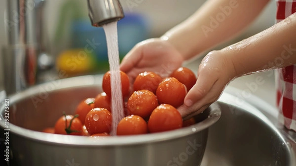 Fototapeta child hands rinsing fresh cherry tomatoes under running water, promoting healthy eating habits and encouraging involvement in food preparation