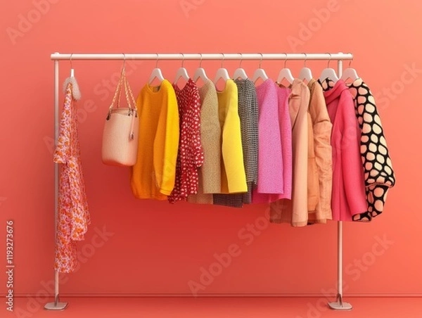 Fototapeta Colorful clothing display on a rack.