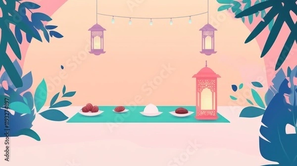 Fototapeta Elegant Islamic Themed Iftar Table Setup with Lanterns and Decor