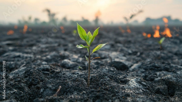 Fototapeta small green plant emerges from charred earth, symbolizing resilience amidst smoldering remains of forest fire. background features faint flames and hazy sunset