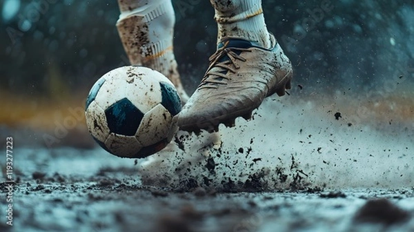 Obraz Soccer Player Kicking Muddy Ball on Wet Field in Rainy Weather