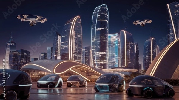 Fototapeta A futuristic city skyline glowing at night, with neon lights and flying drones.