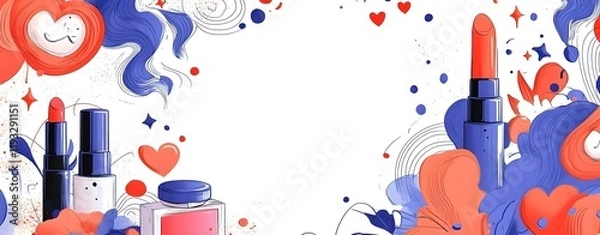 Fototapeta Vibrant Cosmetics-Themed Frame with Cartoon-Style Elements and Blank Space for Cheerful Message