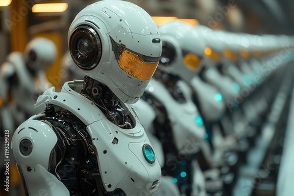 Fototapeta Advanced humanoid robots lined up in a futuristic facility during assembly process