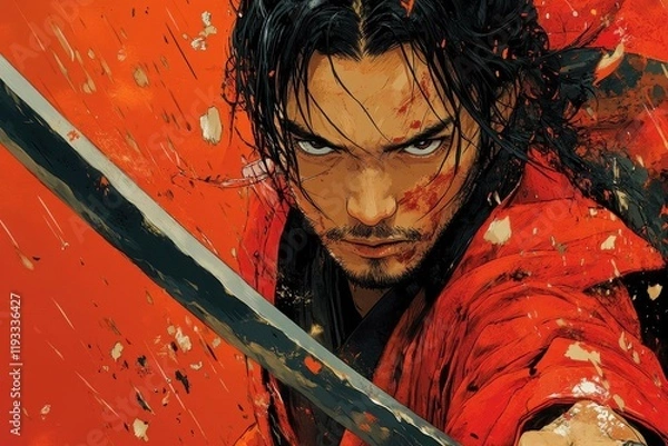 Fototapeta dynamic depiction of samurai sword fighting rendered in an anime style, capturing intense emotion and action in vibrant colors and detailed character designs
