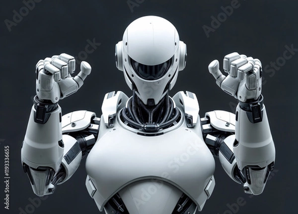 Fototapeta Robot AI sur fond blanc qui fait un signe de la main . intelligence artificielle