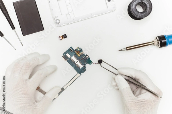 Obraz Mobile phone repairing process, flat lay, top view