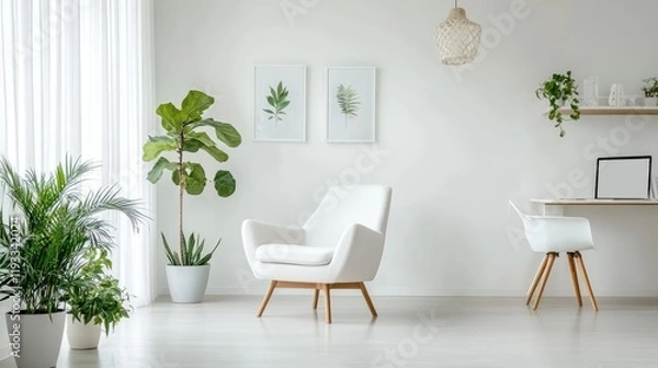 Obraz Industrial-style living room featuring clean lines, plants, and a comfortable armchair, with a study setup perfect for work or study.