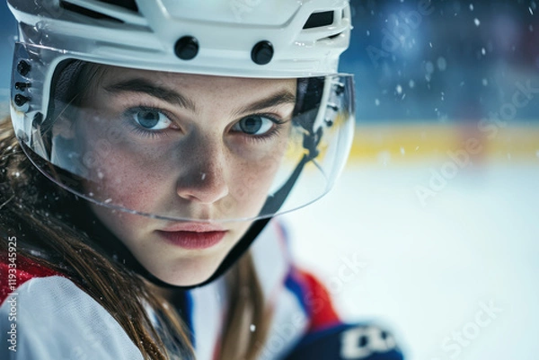 Fototapeta A girl in an ice hockey uniform is seen in close-up, her intense focus standing out against the softly blurred ice rink behind her.