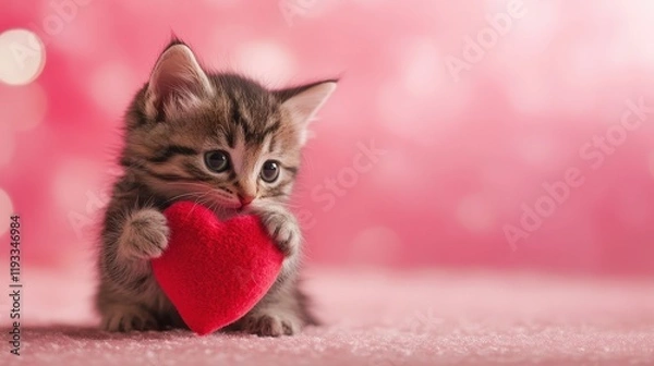 Obraz tiny kitten with a big heart, hugging a red heart-shaped toy and holding a small red heart in its mouth.