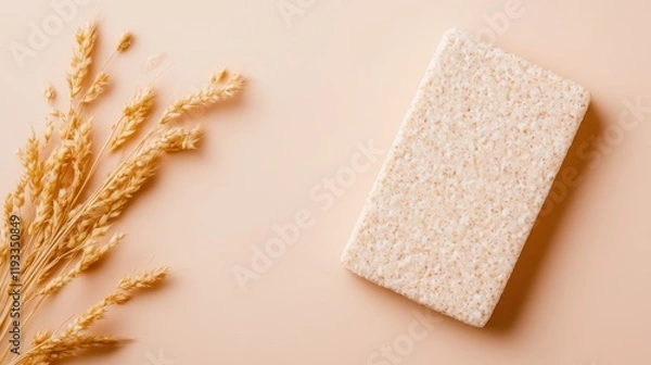 Fototapeta A simple soap bar rests beside tufts of dry grass, showcasing a natural and rustic setting that emphasizes organic beauty and everyday essentials.