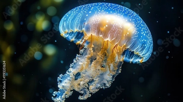 Fototapeta Mesmerizing jellyfish in motion with a transparent body in deep ocean chaos.