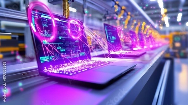 Fototapeta Close-Up of Advanced Laptop Production Line Showcasing Futuristic Technology and Digital Integration