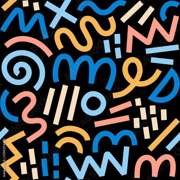 Obraz Memphis geometric seamless pattern. Multicolor abstract background in retro 80s, 90s style with various shapes: circles, semicircles, dots, zigzags, spirals, wavy lines. Cute kid doodle design.	