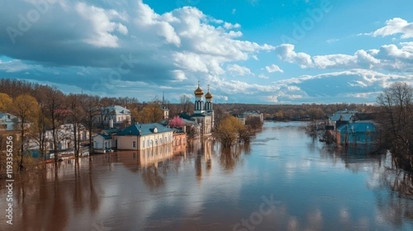 Fototapeta View of the spring flood of the Sorot river from Savkina Hill in Russia's Pskov region.