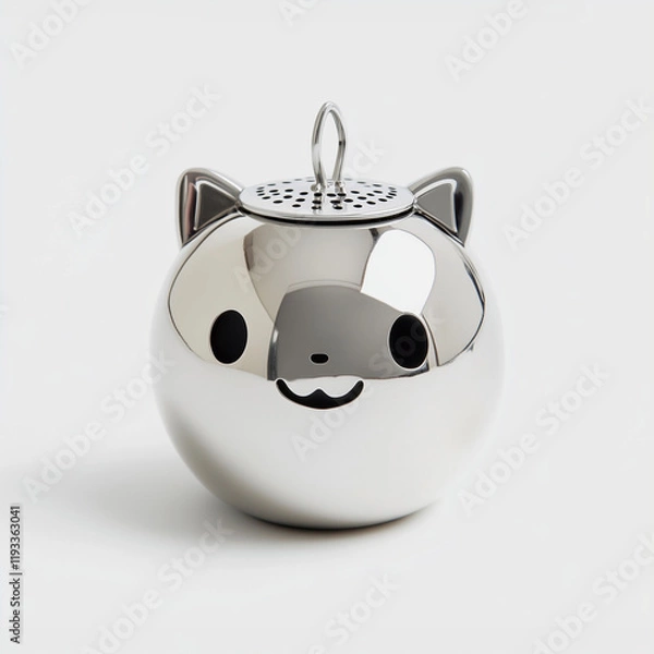 Fototapeta stainless steel cat-shaped tea infuser on a white background, modern tea accessory