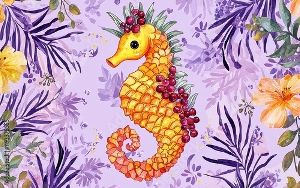Fototapeta A bright seahorse designed with a pineapple slice for the body and small berries for details, set on a pastel lavender background