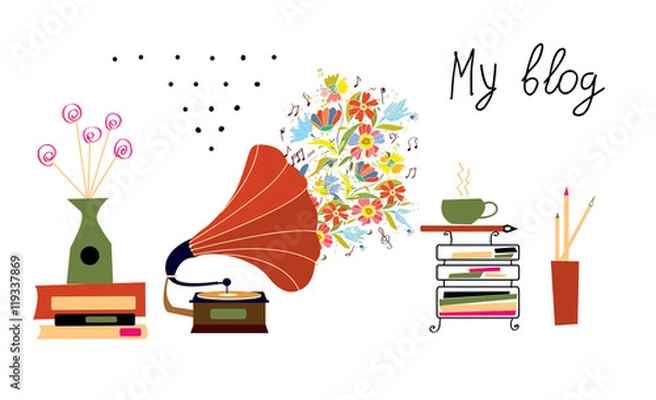 Fototapeta Music blog banner with gramophone and vintage objects