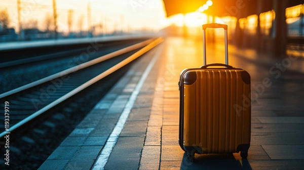 Obraz Suitcases on an Empty Train Platform at Sunrise, Capturing the Atmosphere of Travel, Solitude, and Anticipation, Perfect for Journey, Adventure, and Lifestyle-Themed Photography