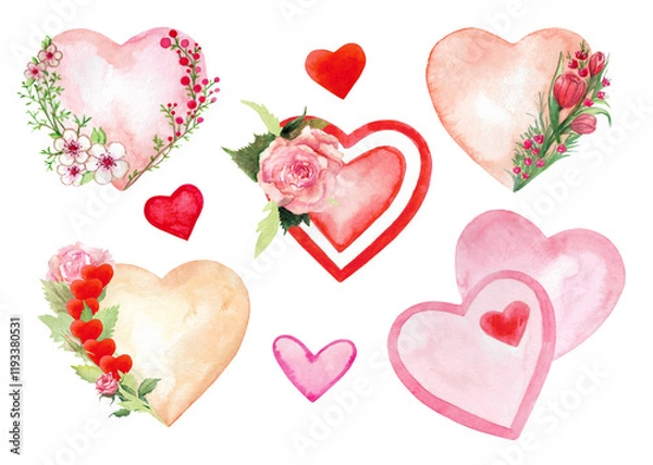 Fototapeta Watercolor painted hearts set. Collection of pink and red hearts with flowers isolated on white background. Romantic design element for wedding invitation, valentine, postcard, greeting.