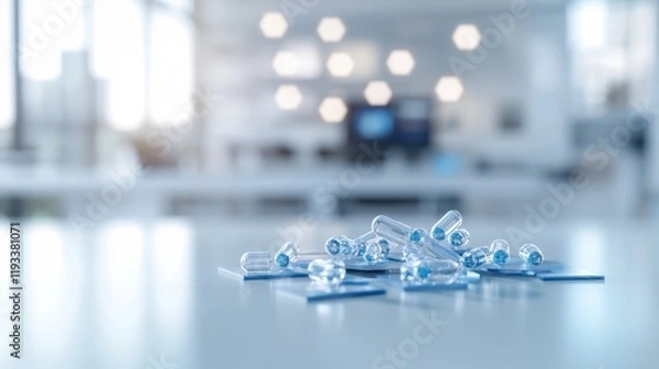 Fototapeta A collection of various small plastic clips is scattered across a table's surface, showcasing their diverse shapes and colors.