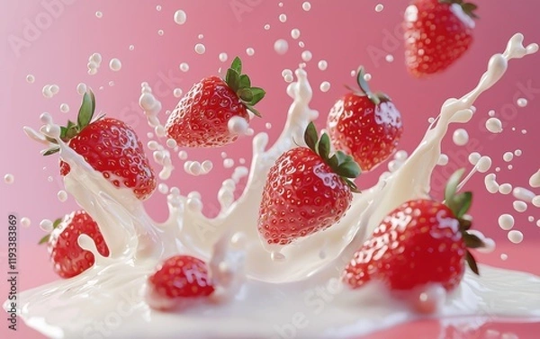 Fototapeta A dynamic splash of milk with vibrant strawberries floating mid-air on a pastel pink background