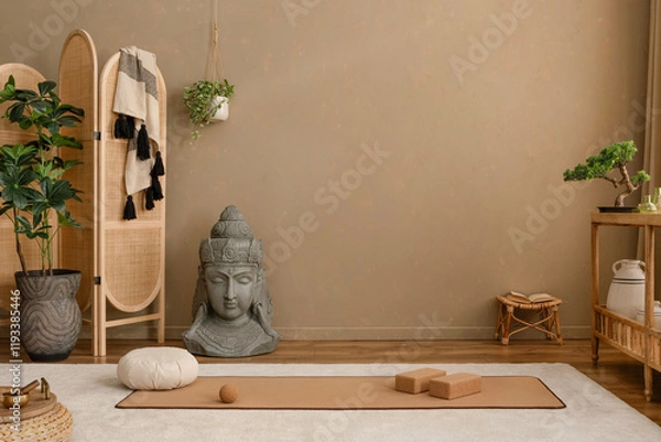 Fototapeta Close-up of a Buddha statue with meditation props and incense smoke. A harmonious setting for tranquility and focus.