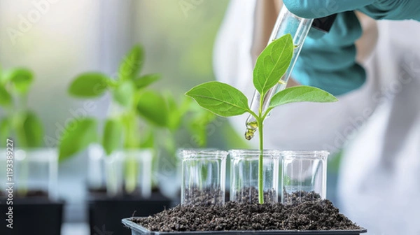 Fototapeta Laboratory experiment with plant growth, testing biotechnology methods for agriculture