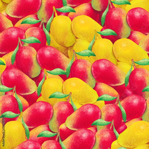 Obraz Pattern of watercolor mango fruits and leaves
