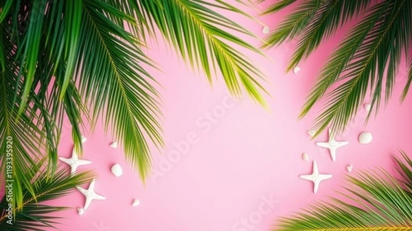 Fototapeta Pink background with tropical palm fronds and starfish
